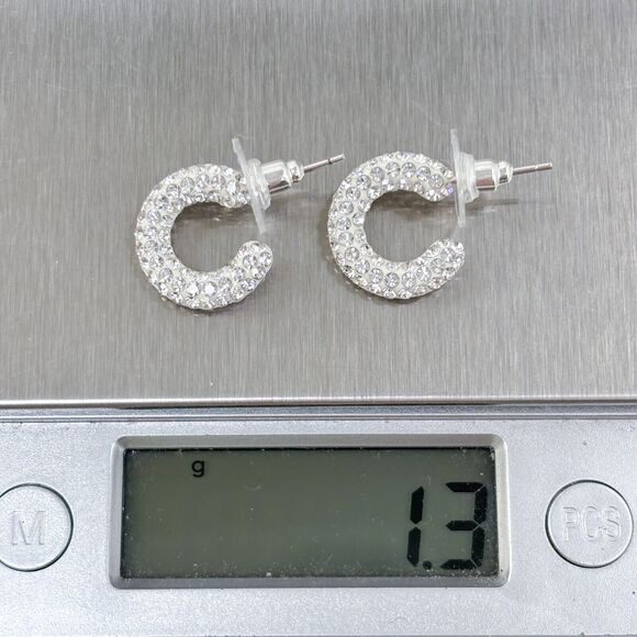 Vintage Sterling Silver 925 Rhinestone Pave Hoop Earrings - Picture 5 of 5